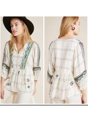 Anthropologie Vineet Bahl Cream Peasant Blouse W/ Green & Blue Embroidered Trim